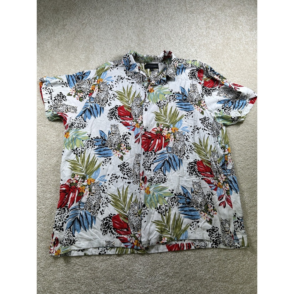 Vintage No Boundaries Mens Size 2XL White Tropical Leopard Button‎ Up Y2K 90s